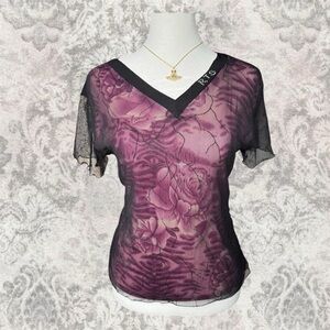 Floral V-Neck Mesh Sheer Black Purple Whimsigoth Goth Fairy Women’s Small Tee